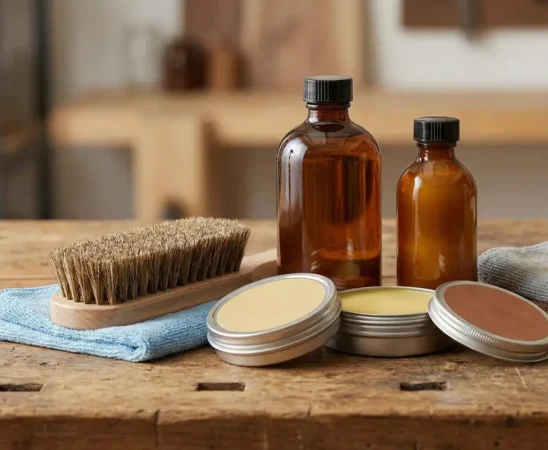 Wood care products on wooden table.