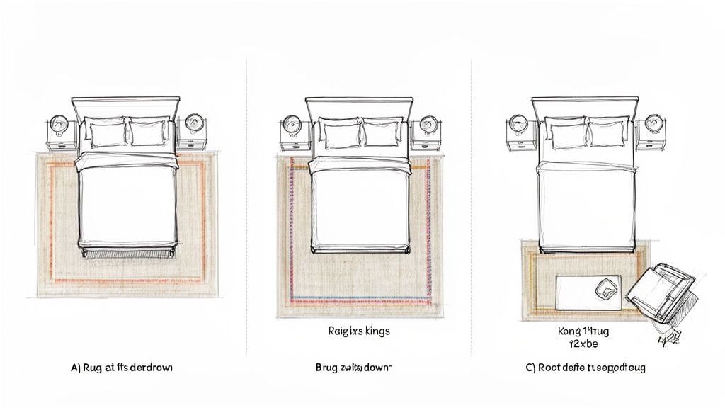 Three top-down diagrams illustrate various area rug placements in a bedroom featuring a bed and nightstands.