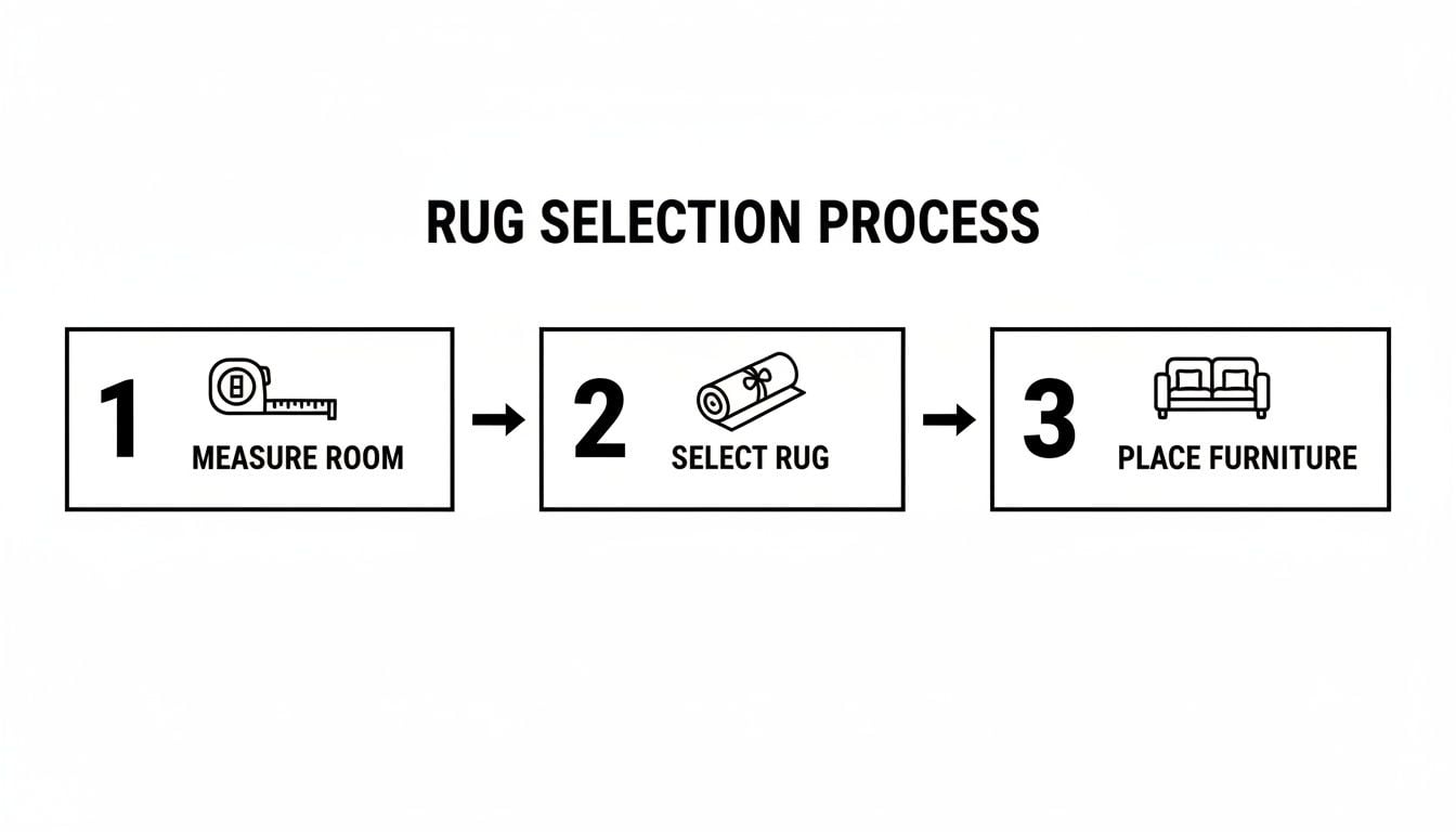 A diagram illustrating the three-step rug selection process: measure room, select rug, and place furniture.