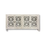 White cabinet with geometric patterned doors