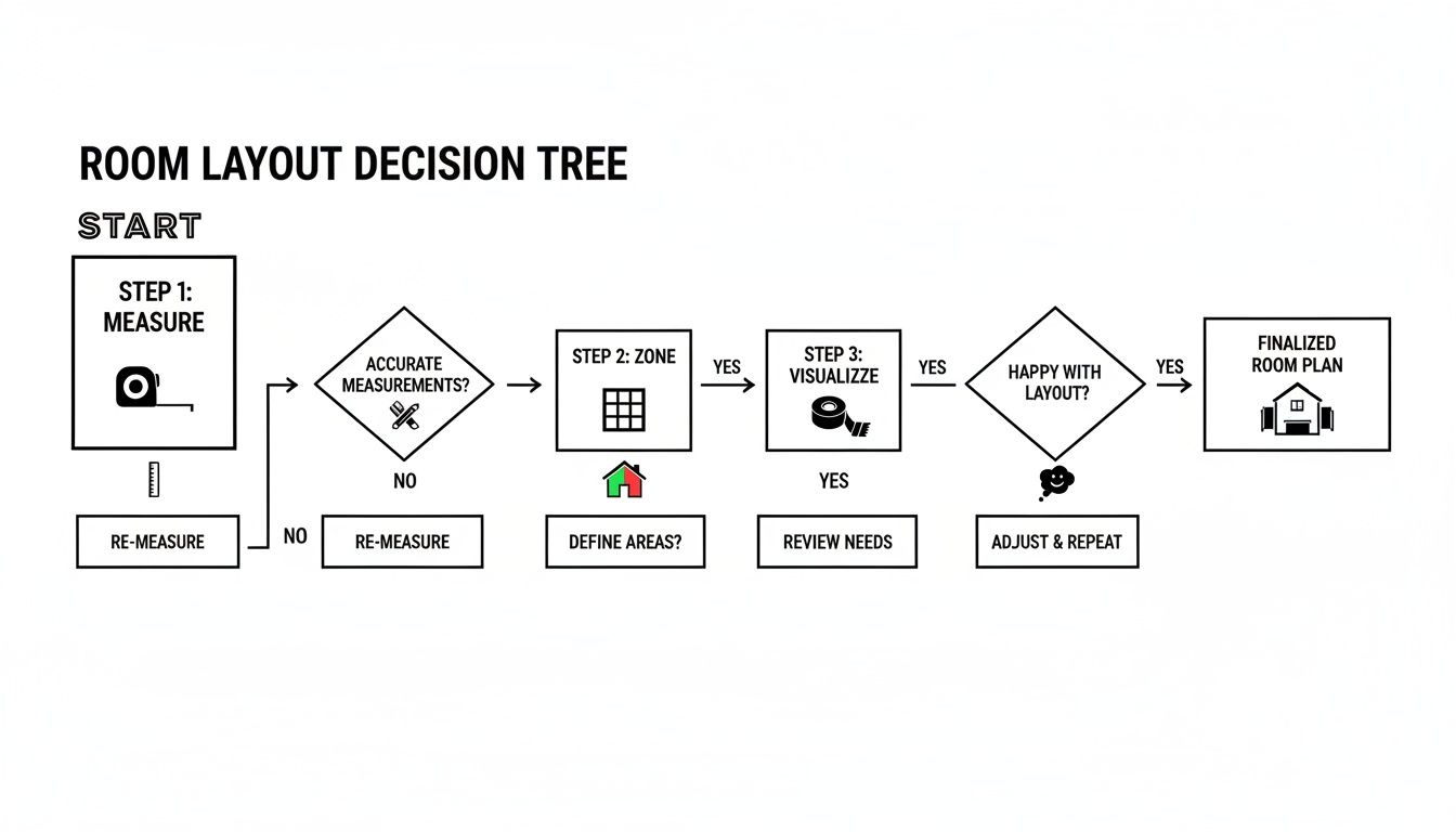 A detailed flowchart illustrating the room layout decision tree, guiding users through measuring, zoning, and finalizing a room plan.