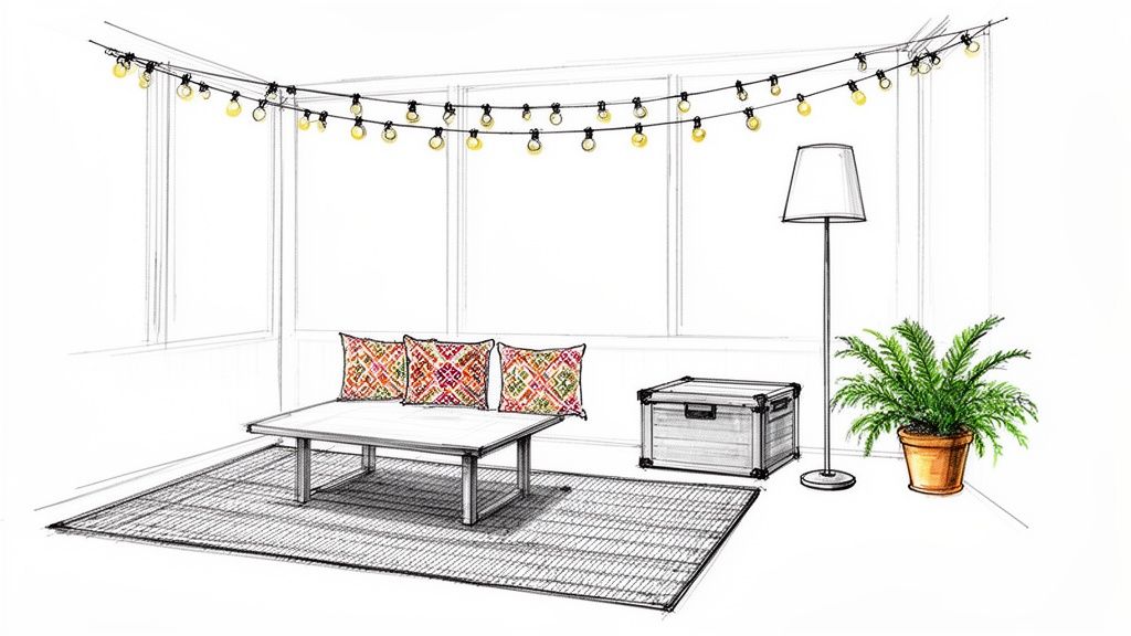 A hand-drawn sketch of a casual 3 season room, featuring string lights, a low table with pillows, a plant, and a floor lamp.