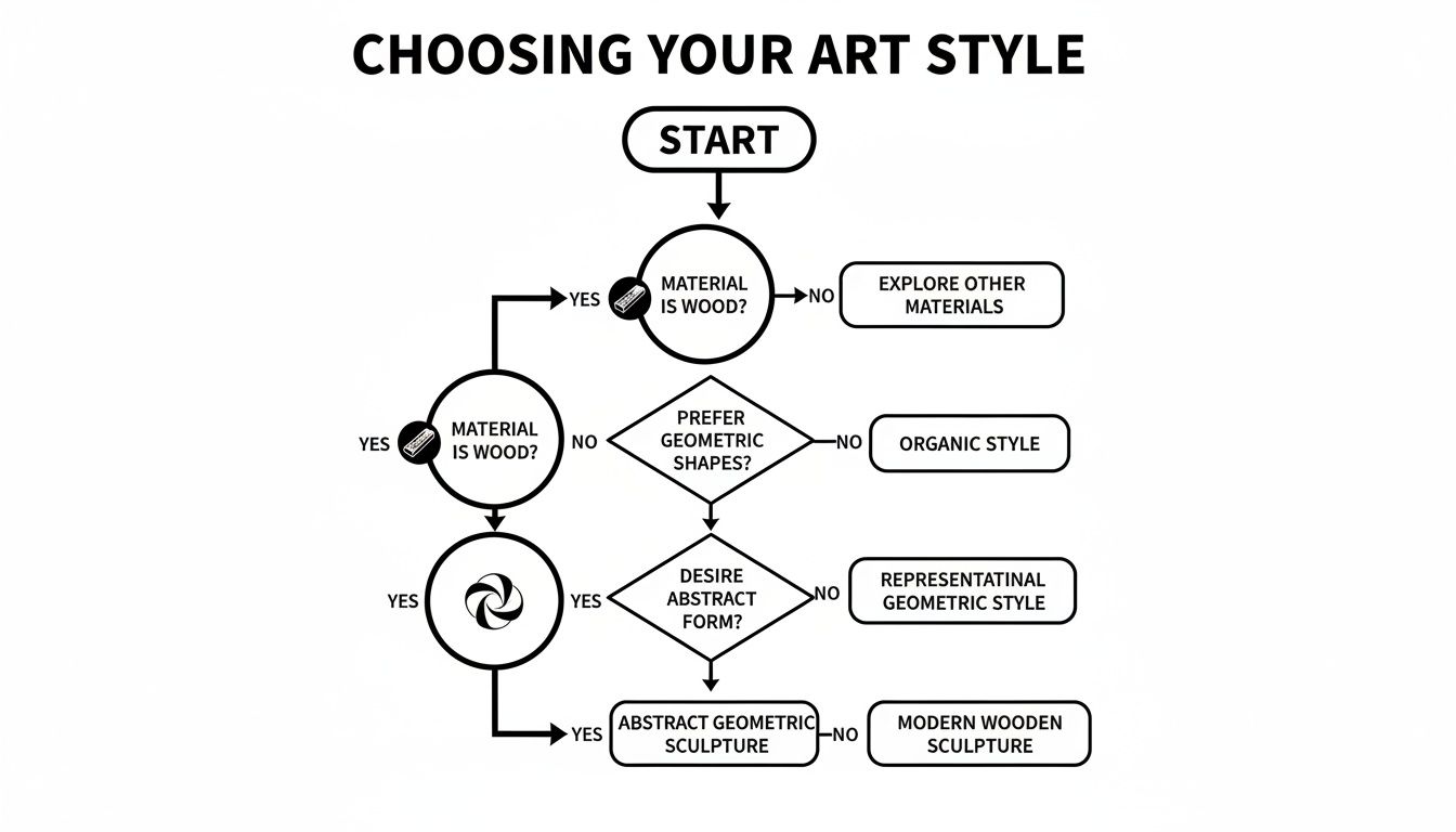 A flowchart diagram guiding a user through decisions to choose an art style, considering material, shapes, and form.