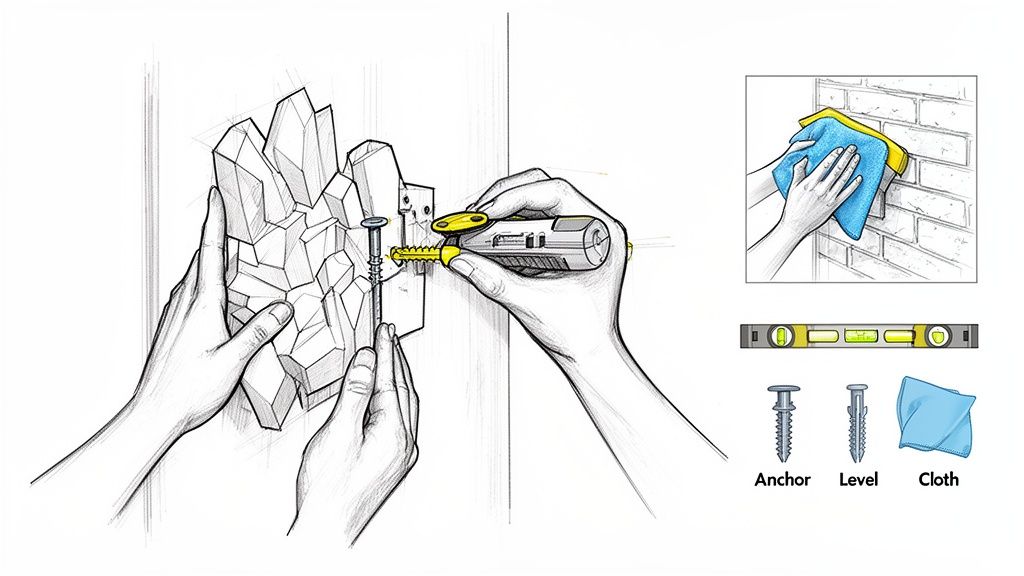 Hands installing a crystal-like geometric wall sculpture using screws and anchors, with tools shown.