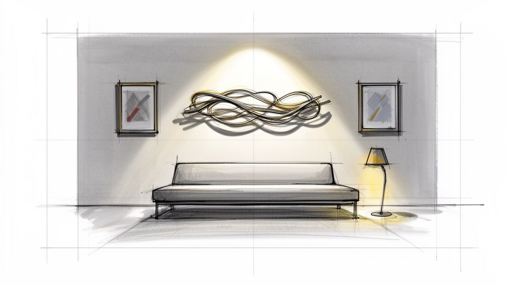A modern interior design sketch featuring a sleek sofa, abstract 3D wall sculpture, and framed artworks.