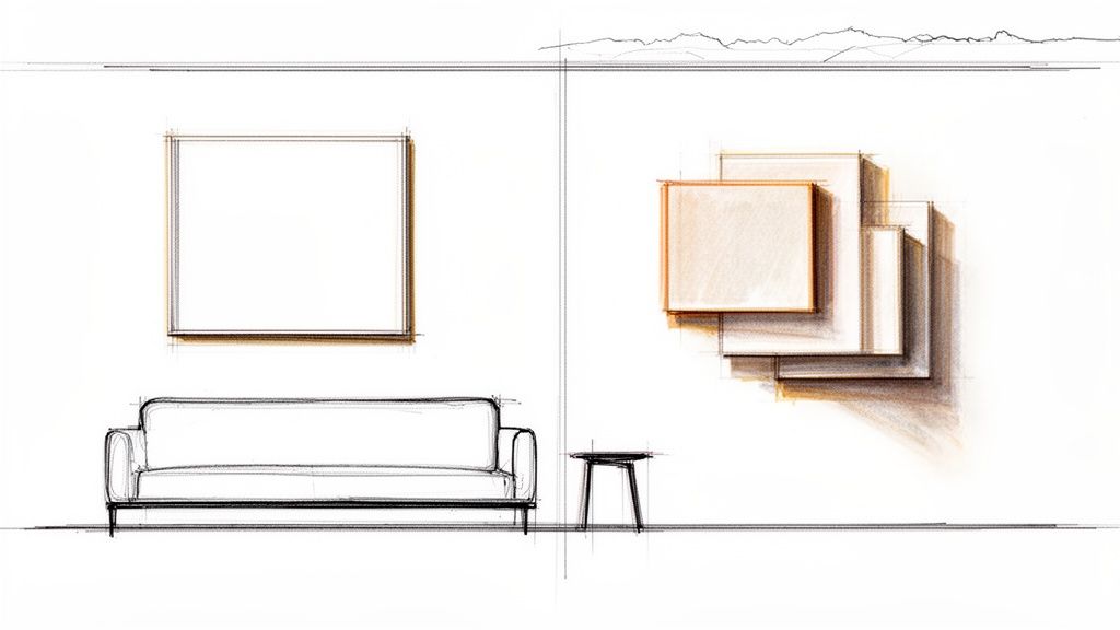 Hand-drawn interior design sketch with a minimalist sofa and layered 3D wall art.