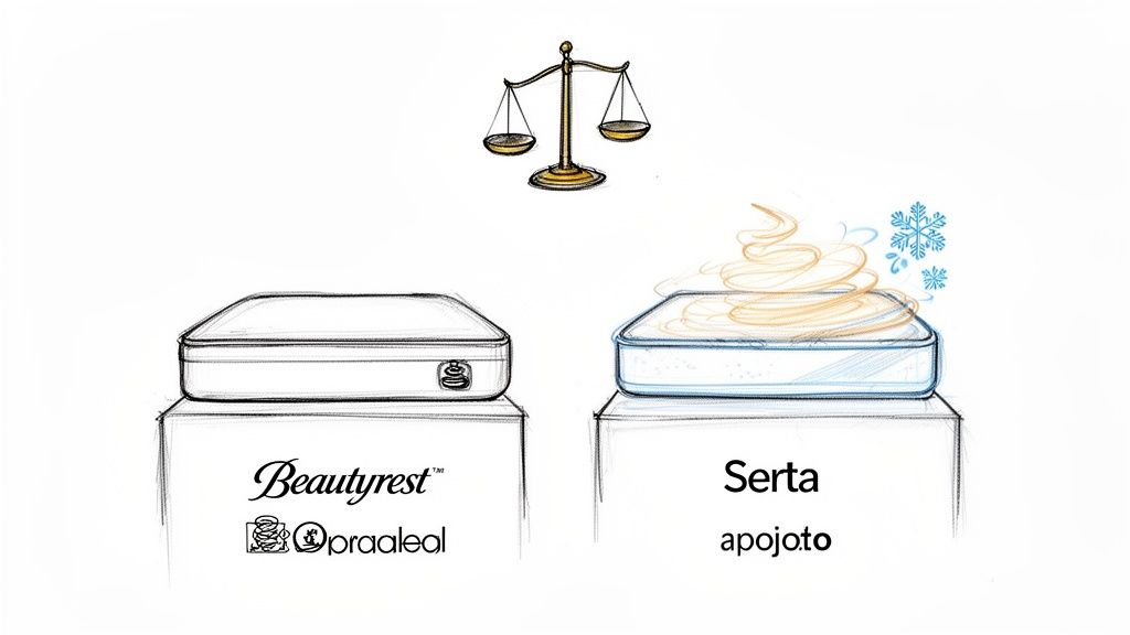 An illustration comparing Beautyrest and Serta mattresses, featuring a scale, comfort, and cooling elements.