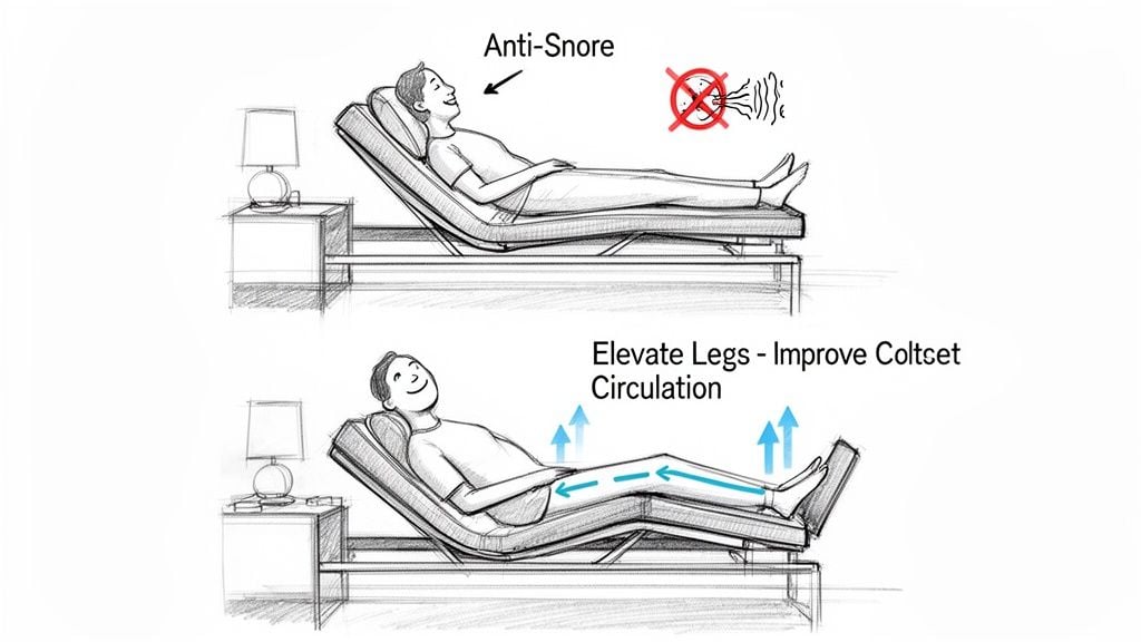 Illustration of two adjustable bed positions: one for anti-snoring and another for improved leg circulation.