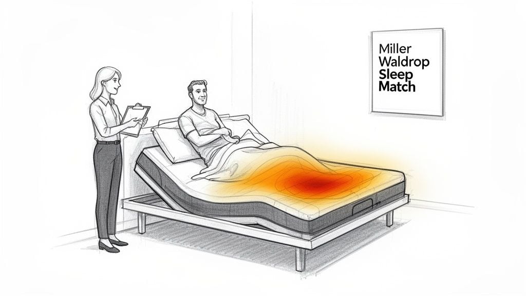 A woman reviews data on a clipboard next to a man lying on an adjustable bed with a heat map.