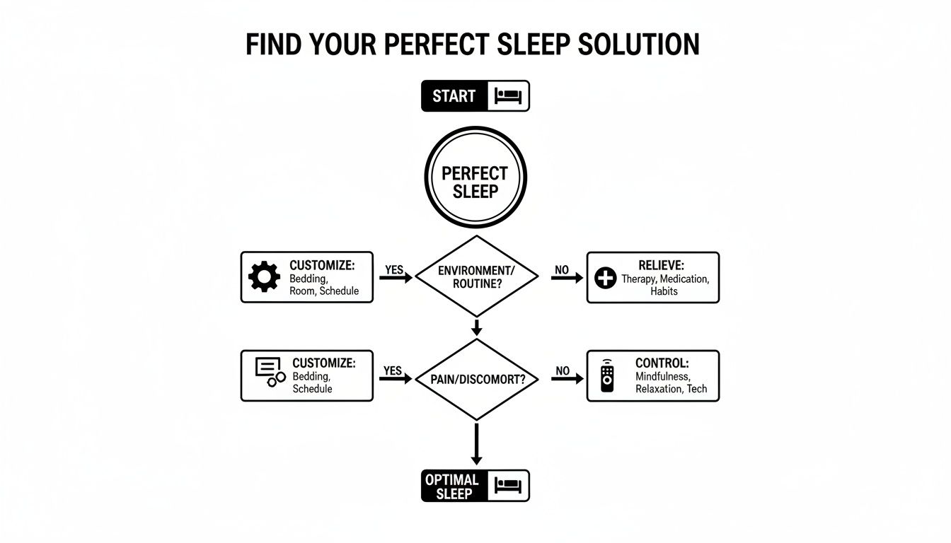 A flowchart guides users to their perfect sleep solution, addressing environment, routine, pain, and discomfort.