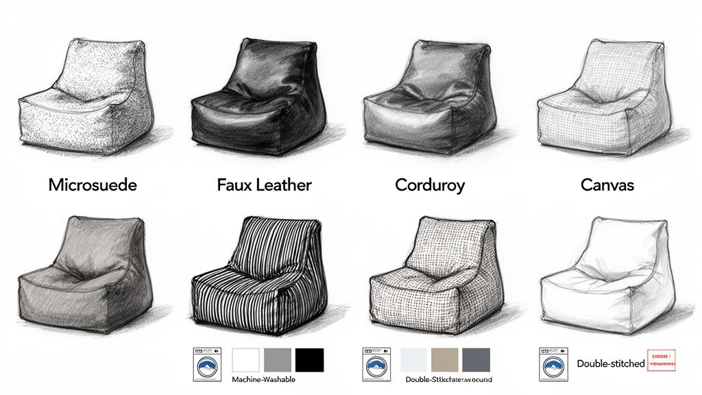 Eight different bean bag chairs displayed with various fabric types like microsuede, leather, corduroy, and canvas, along with care icons.