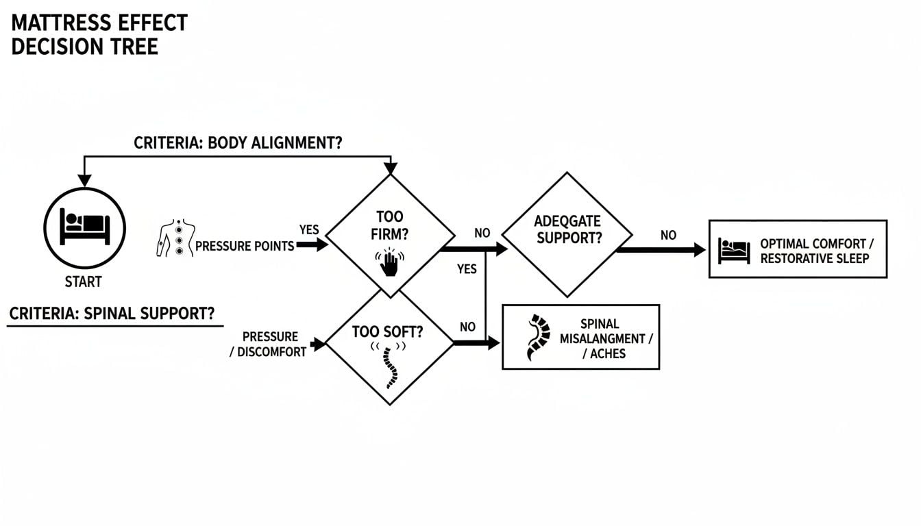 A decision tree flowchart illustrating mattress selection based on body alignment, pressure points, and spinal support for optimal sleep.
