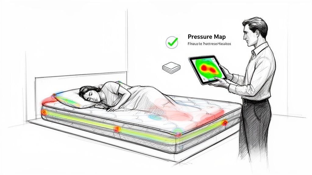 Illustration of a woman sleeping on a smart mattress displaying pressure points, and a man reviewing a digital pressure map.