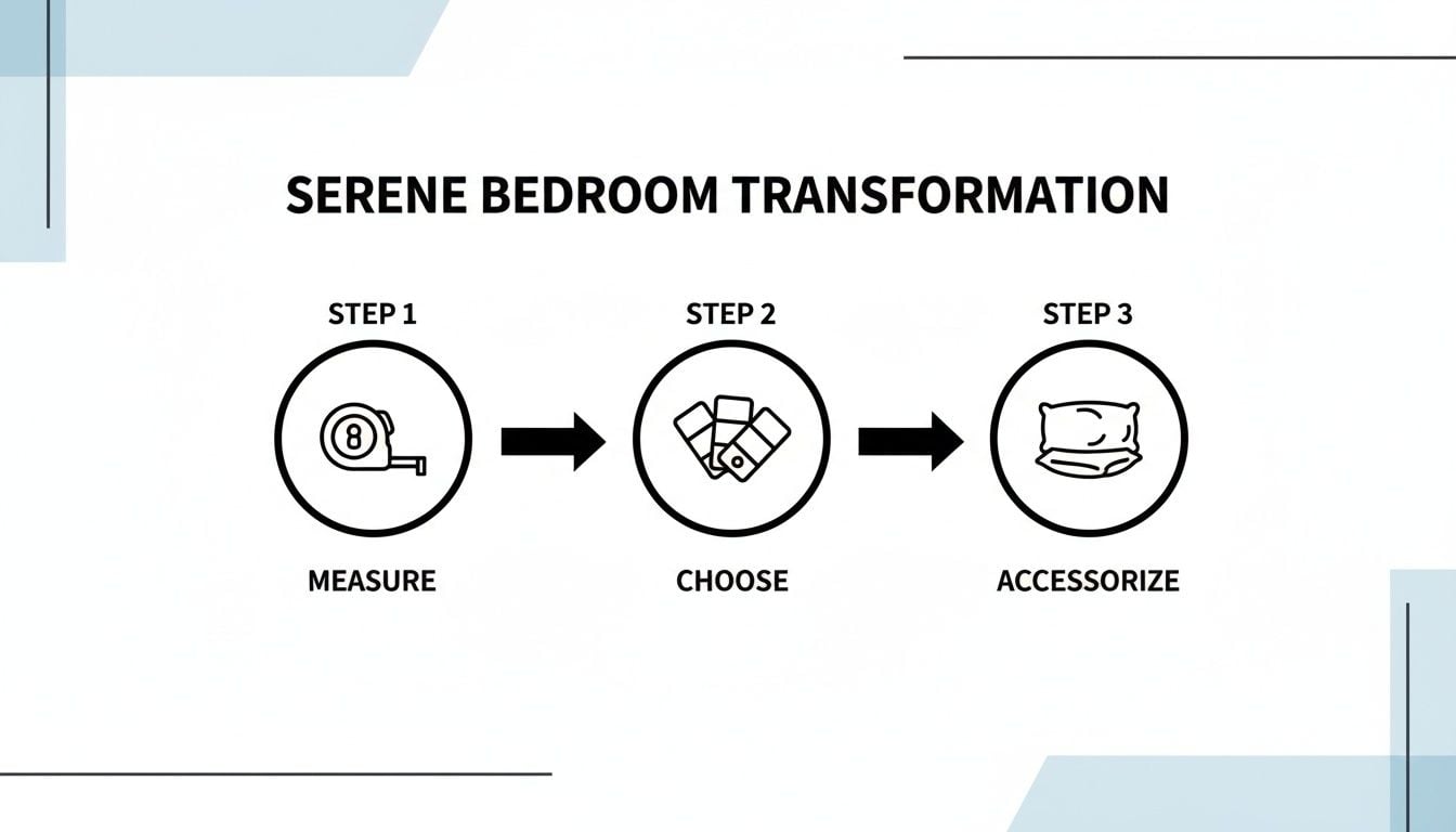 Three steps for serene bedroom transformation: measure, choose colors, and accessorize with pillows.