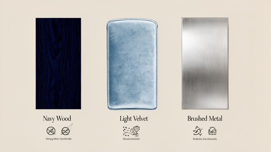 Three material samples: navy wood, light velvet fabric, and brushed metal, with descriptive text and icons.