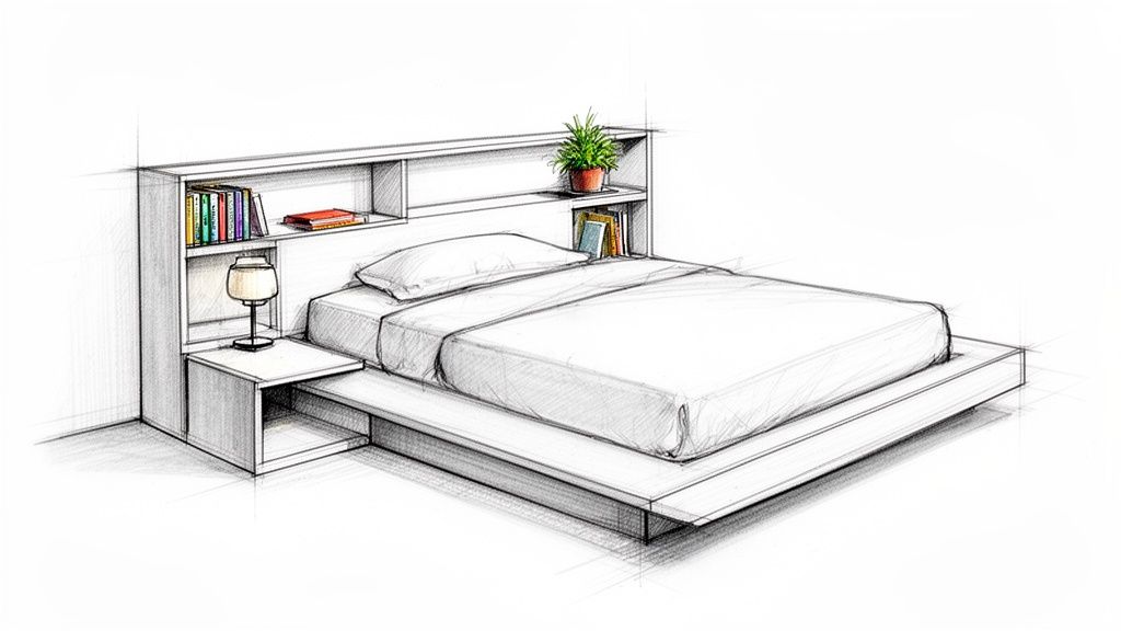 A detailed architectural sketch of a modern platform bed with an integrated headboard, bookcase, and nightstand.
