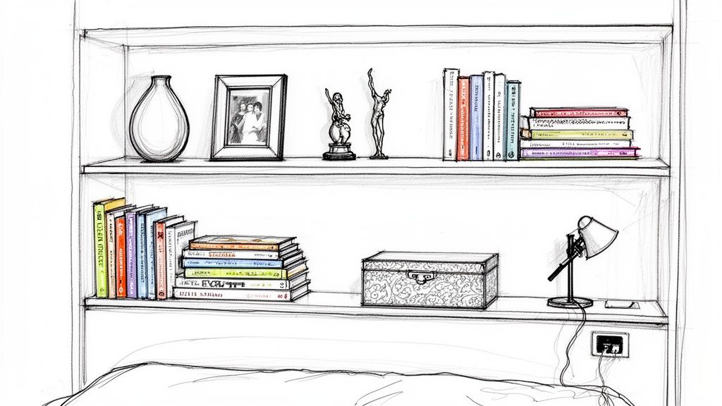 A detailed pencil sketch of a built-in bookcase above a bed, filled with books, decor, and a lamp.
