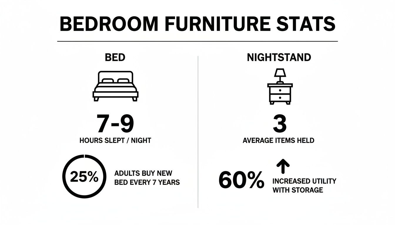 Infographic showing bedroom furniture statistics for beds and nightstands, including sleep hours and purchase frequency.