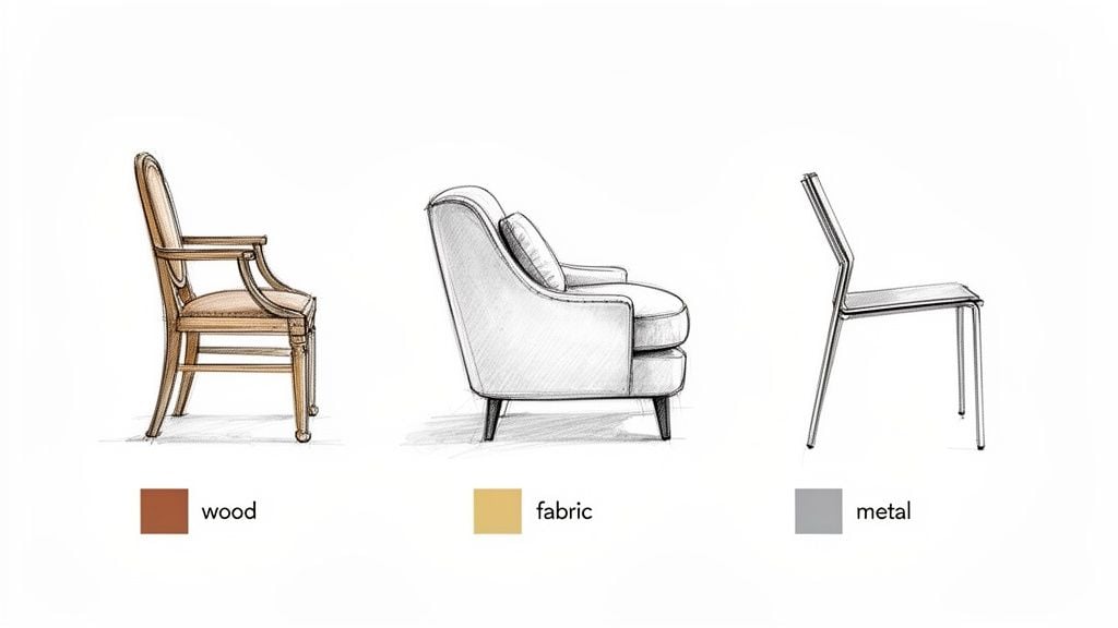 Sketches of three chairs demonstrating different materials: a wooden armchair, a fabric sofa, and a metal chair.