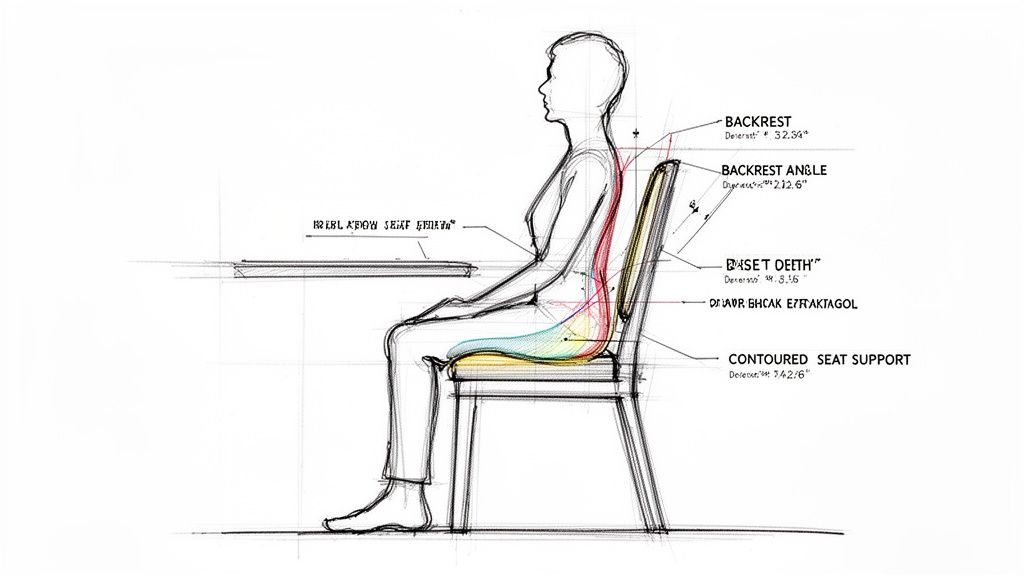Ergonomic sketch of a person sitting in a chair, showing labeled backrest, seat depth, and contoured support.