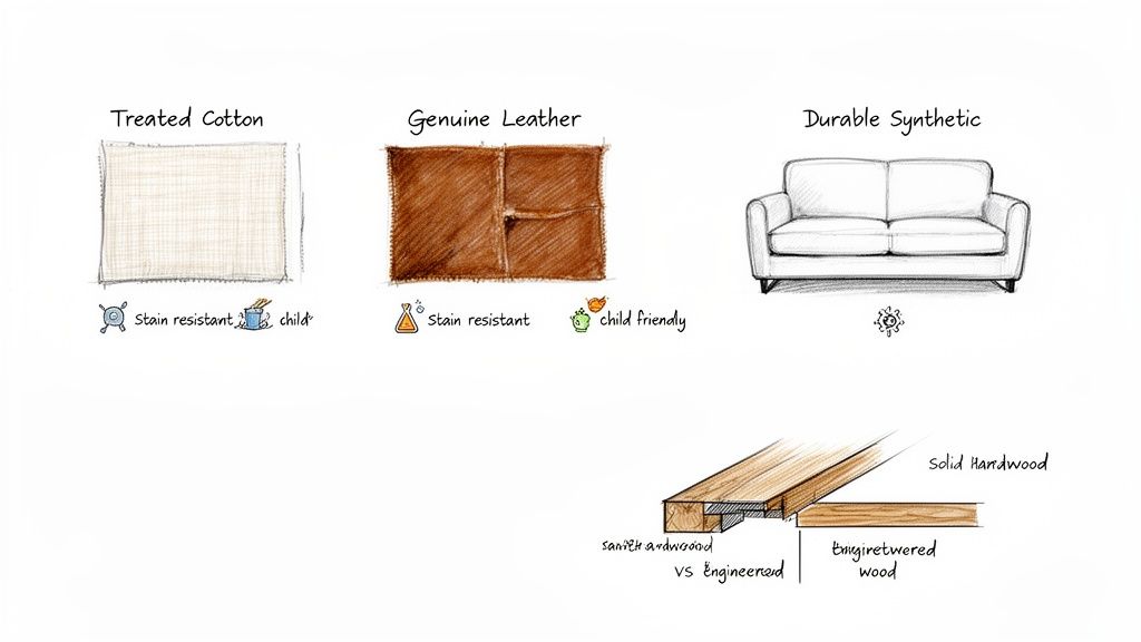 Comparison of furniture materials including treated cotton, genuine leather, durable synthetic, and wood types.