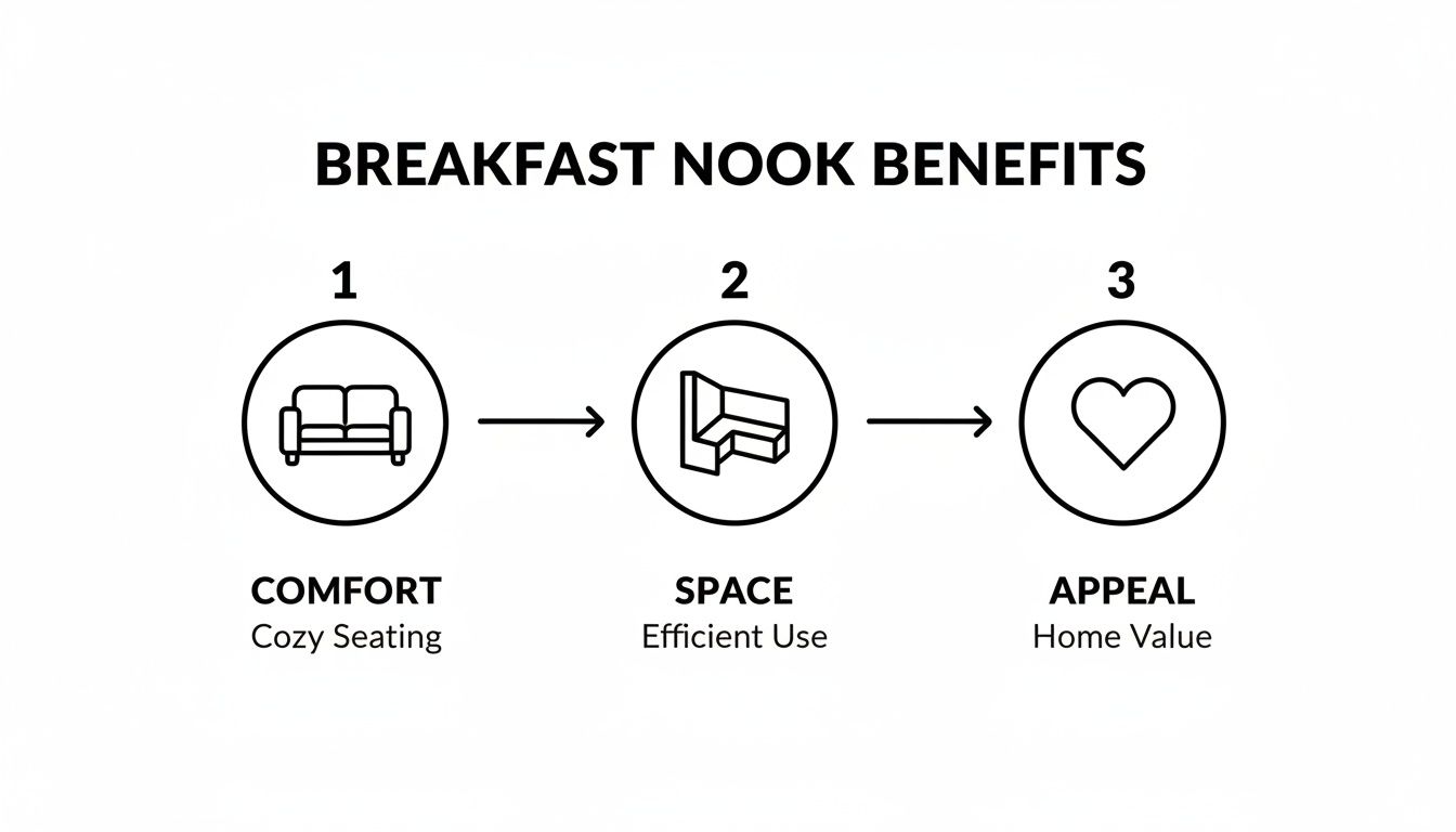 Infographic detailing breakfast nook benefits: comfort with cozy seating, efficient space use, and increased home value.
