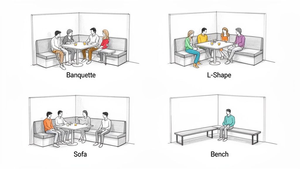 Illustrations comparing four seating arrangements: banquette, L-shape, sofa, and bench, all with people sitting.