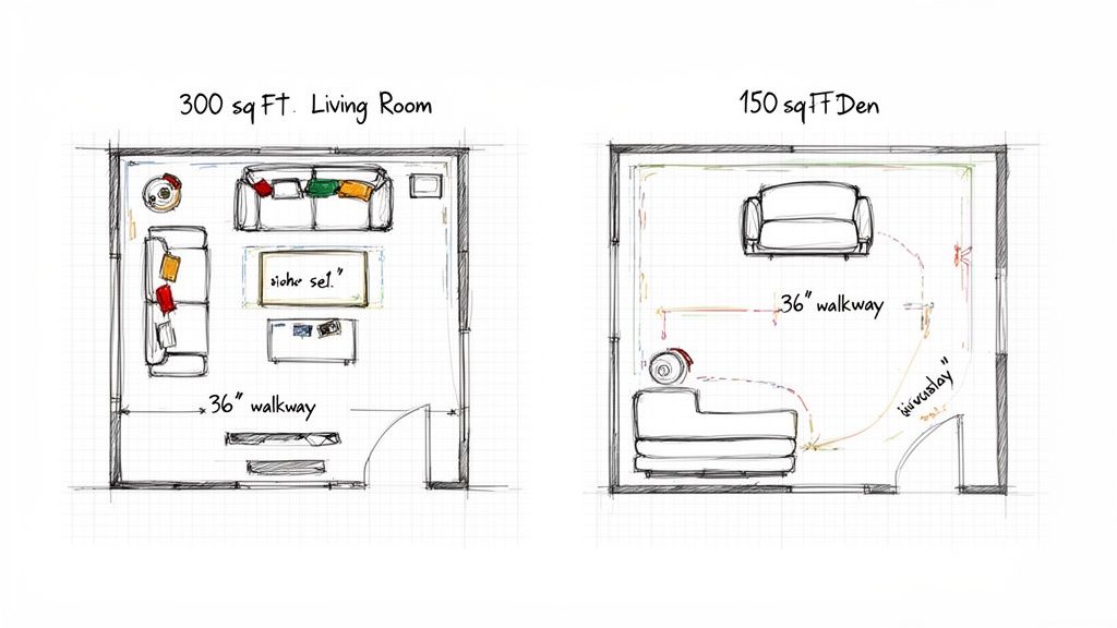 Two floor plan sketches, a 300 sq ft living room and a 150 sq ft den, showing furniture.