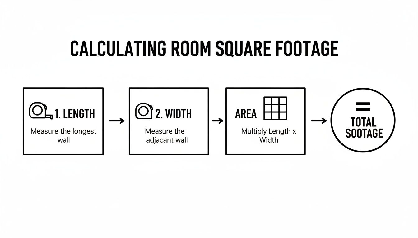 A flowchart demonstrates how to calculate room square footage by measuring length and width to find the area.