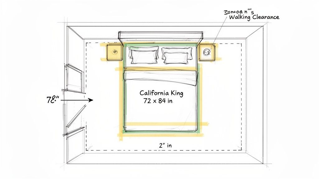 Top-down bedroom layout sketch showing a California King bed with nightstands and clearances.