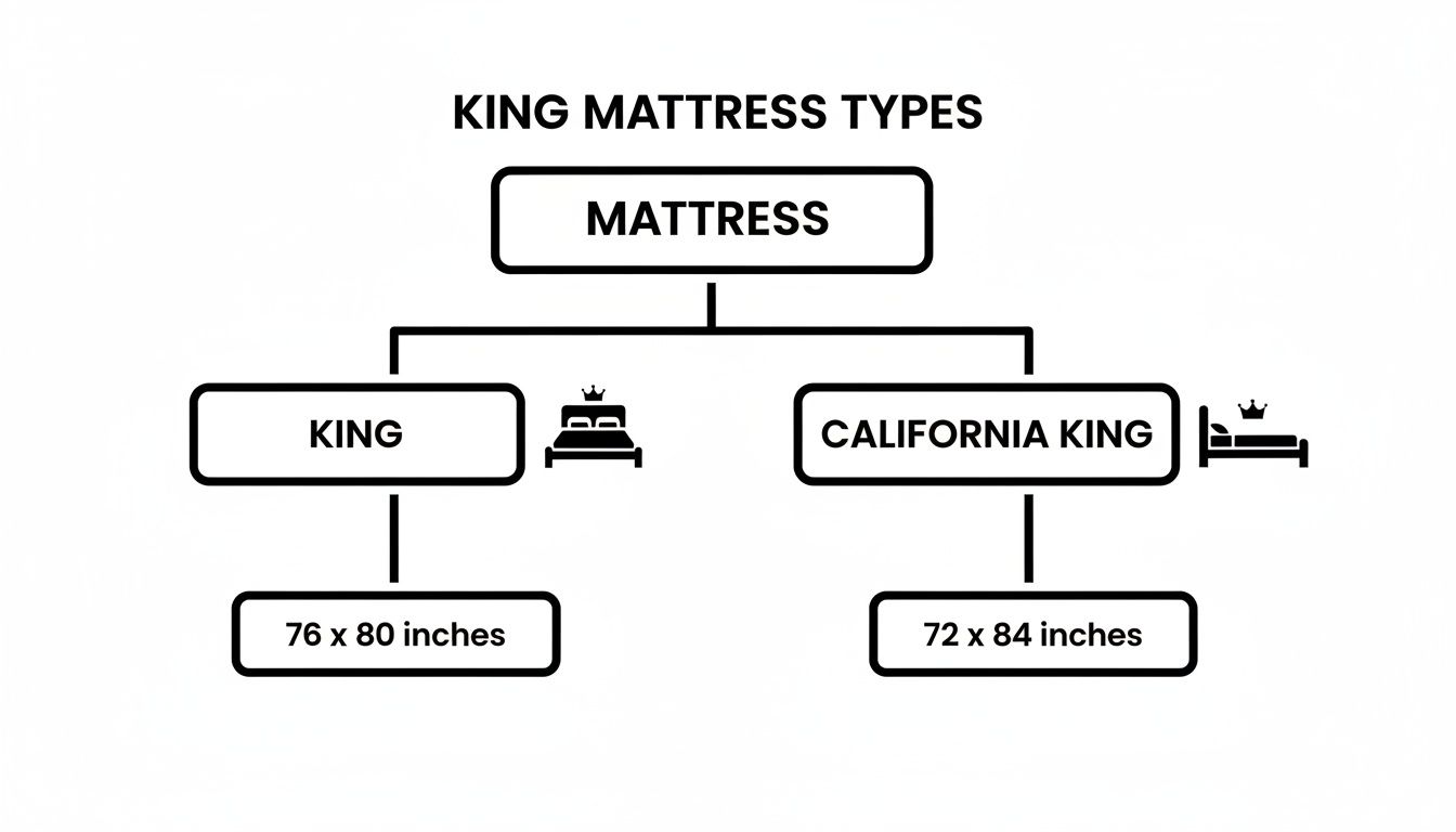 Diagram showing King mattress types: King (76x80 inches) and California King (72x84 inches).