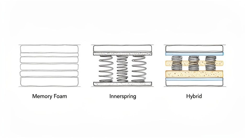 Diagram comparing cross-sections of Memory Foam, Innerspring, and Hybrid mattress constructions.