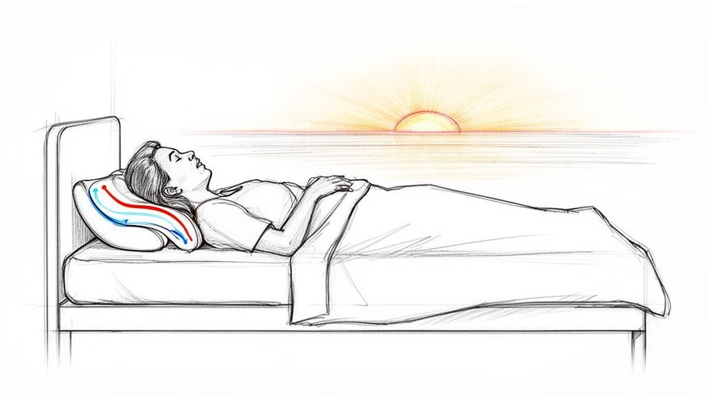 A woman sleeps peacefully on her back on a bed with an ergonomic pillow showing airflow, under a sunrise.