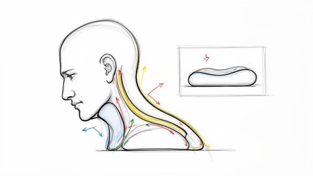 Detailed diagram illustrating a cervical pillow supporting the human head and neck for pain relief.