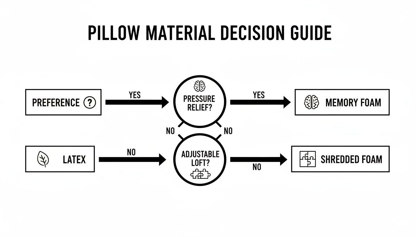 A decision guide flowchart for selecting pillow materials based on preference, pressure relief, and adjustable loft.