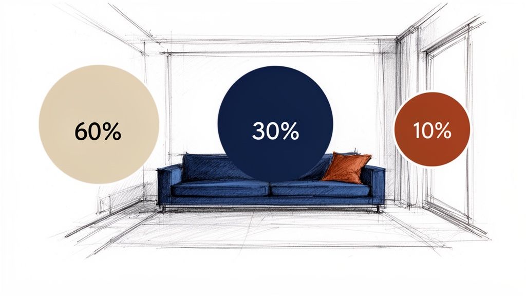 Living room sketch showing the 60-30-10 color rule with beige, dark blue, and orange accents.