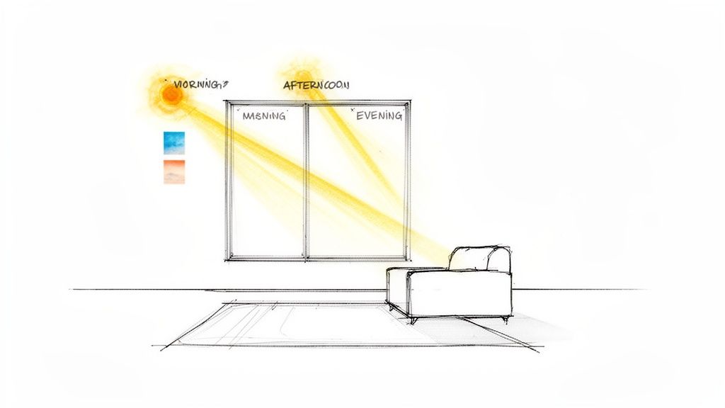 Diagram of sunlight entering a living room through a window at morning and afternoon angles, showing light patterns.