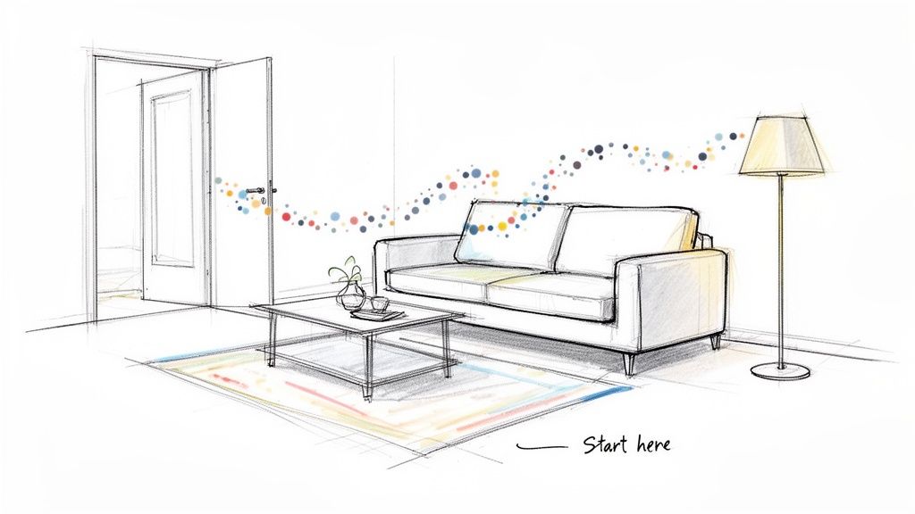 Sketch of a modern living room with a sofa, coffee table, lamp, and colorful dots.