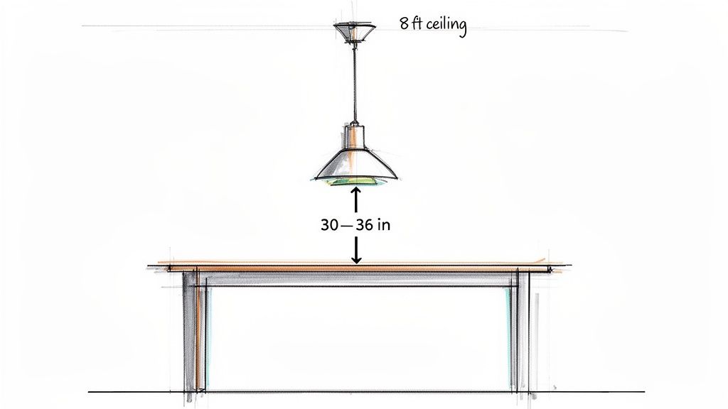 Diagram showing recommended pendant lamp height: 30-36 inches above a table with an 8ft ceiling.
