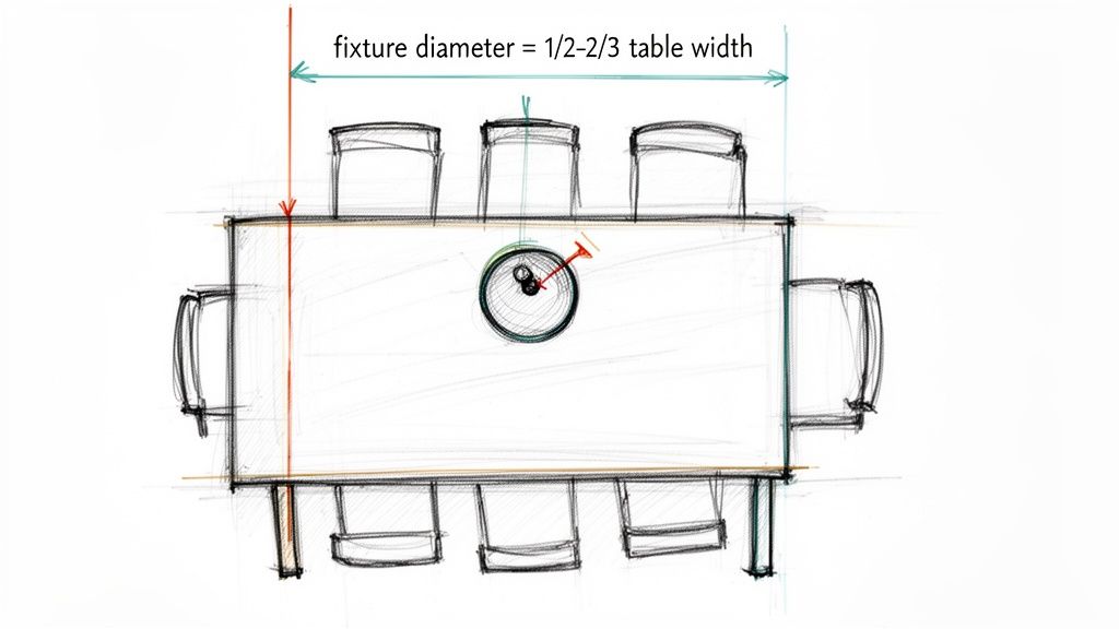 Top-down sketch of a dining table, chairs, and overhead light fixture, showing diameter guidelines.