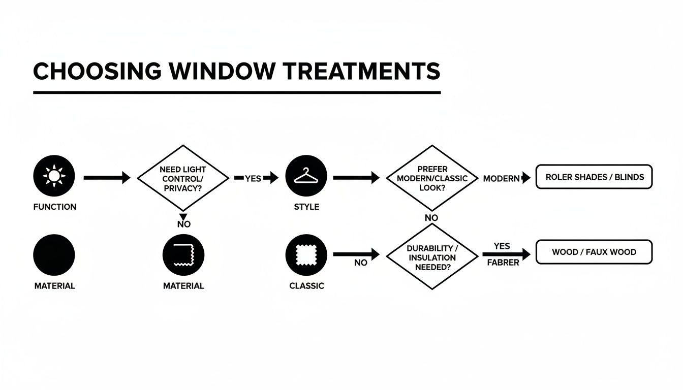 A flowchart titled 'Choosing Window Treatments' guides users based on light control, privacy, style, and durability.