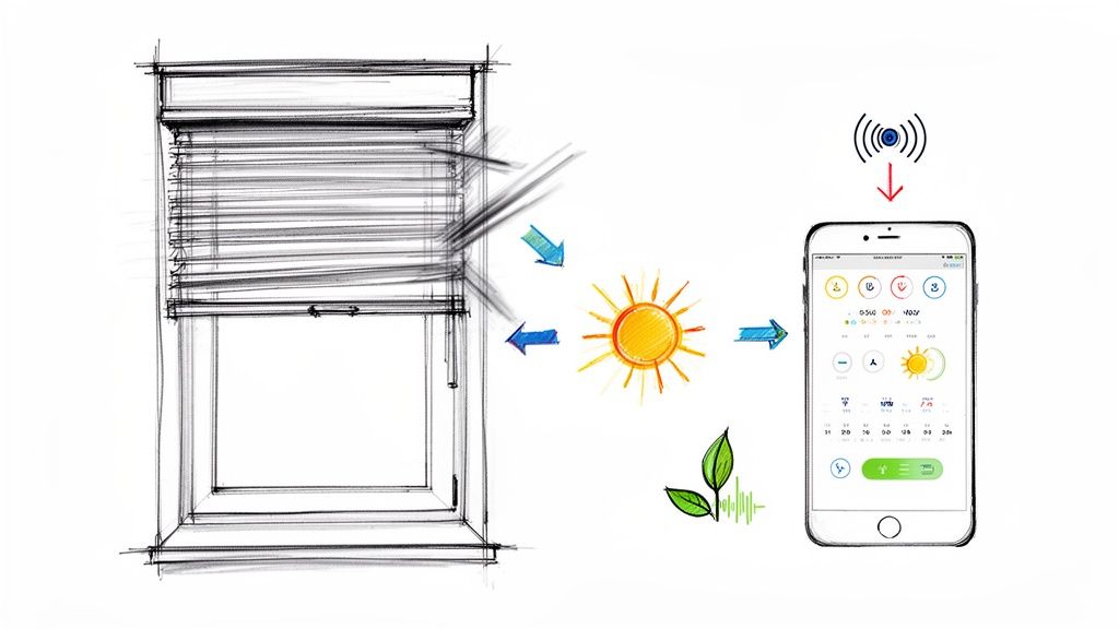 Sketch of smart window blinds reacting to sun, controlled by a mobile app for energy efficiency.
