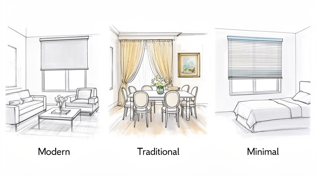 Sketches of modern, traditional, and minimal rooms showcasing various window treatment options.