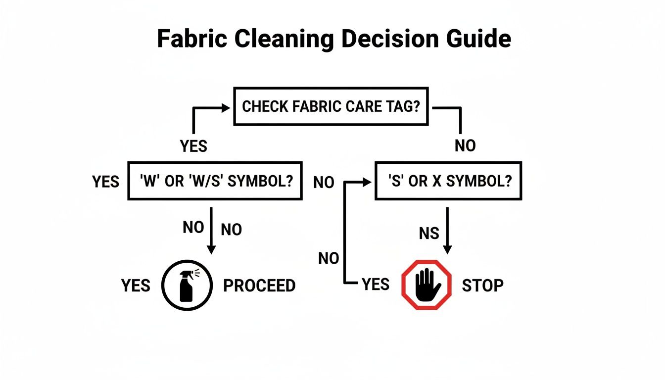 Flowchart detailing fabric cleaning decisions based on care tag symbols for safe cleaning.