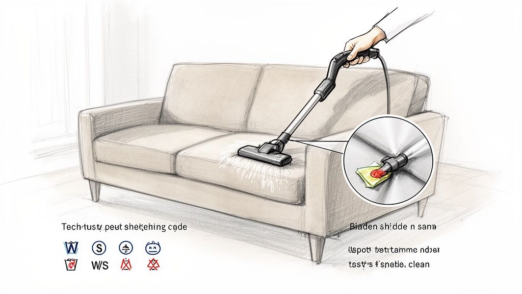 A hand uses a vacuum cleaner with a special attachment to clean a beige fabric sofa, showing a spot cleaning technique.