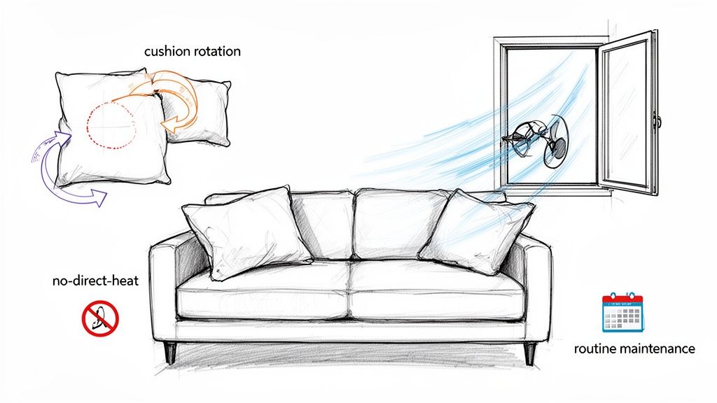 Diagram illustrating fabric sofa care tips: cushion rotation, ventilation, avoiding direct heat, and routine maintenance.