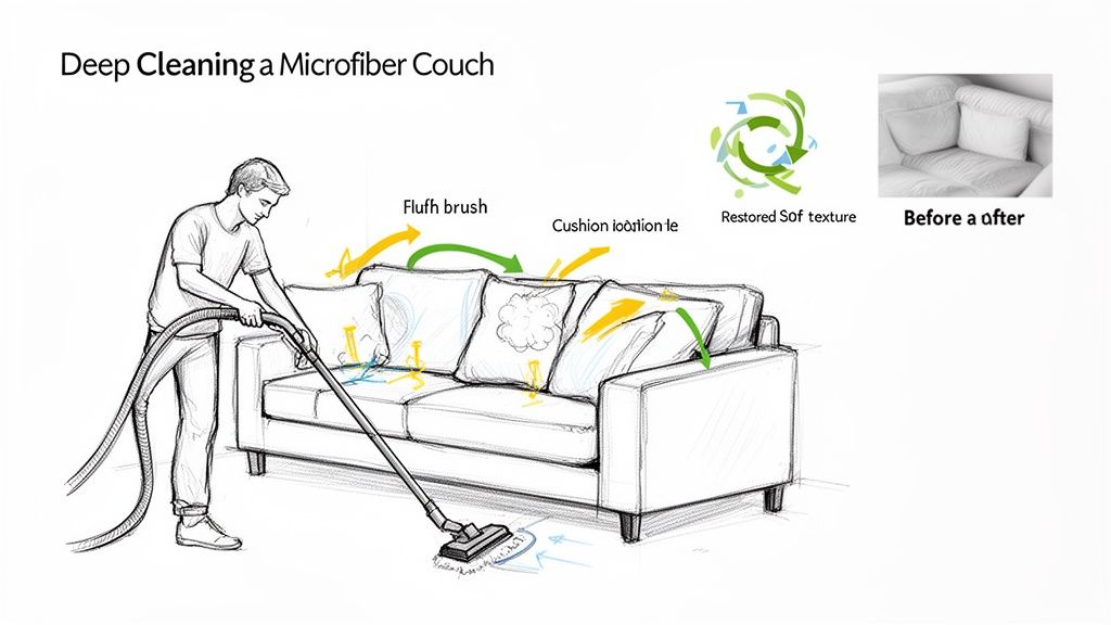A man vacuuming a microfiber couch, illustrating the deep cleaning process and texture restoration.