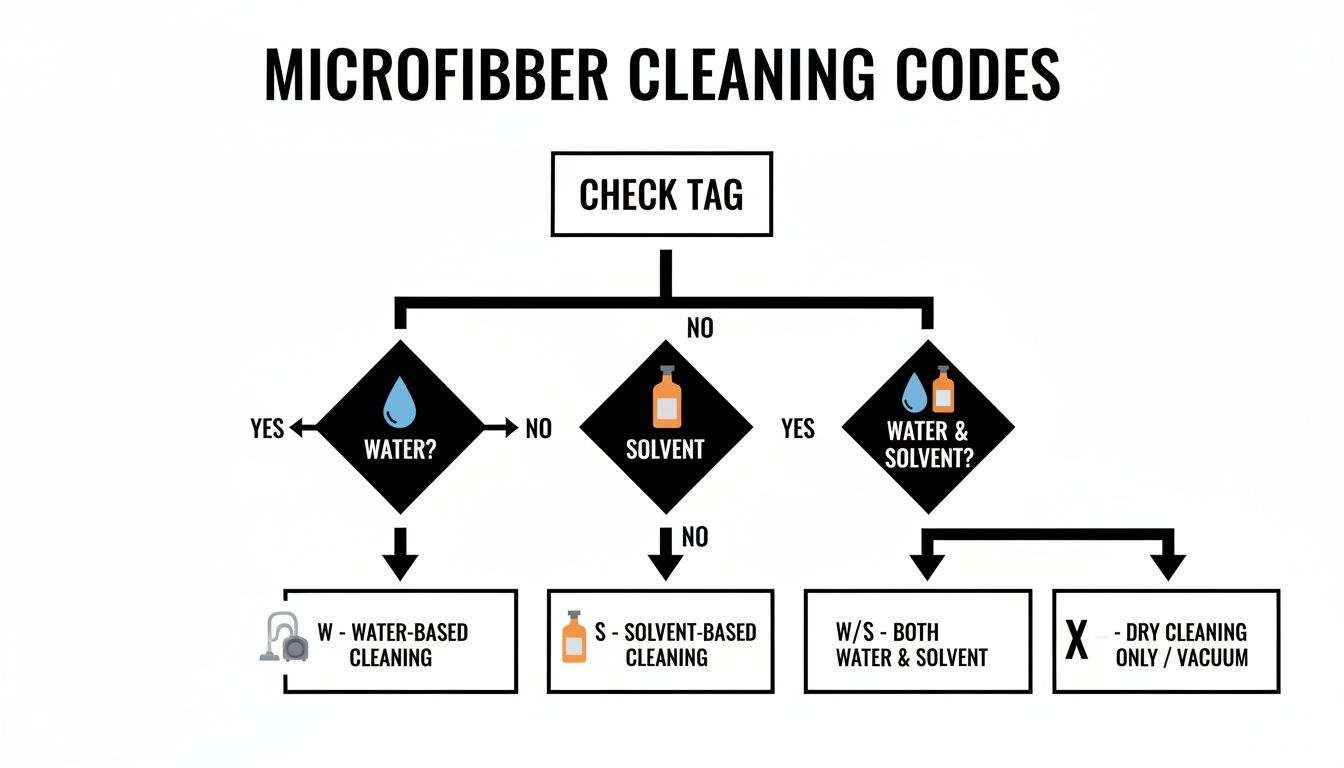 Flowchart illustrating microfiber cleaning codes based on tag instructions for water, solvent, or dry cleaning.