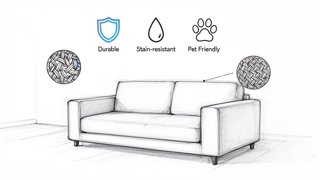 Sketch of a sofa highlighting its durable, stain-resistant, and pet-friendly fabric features.