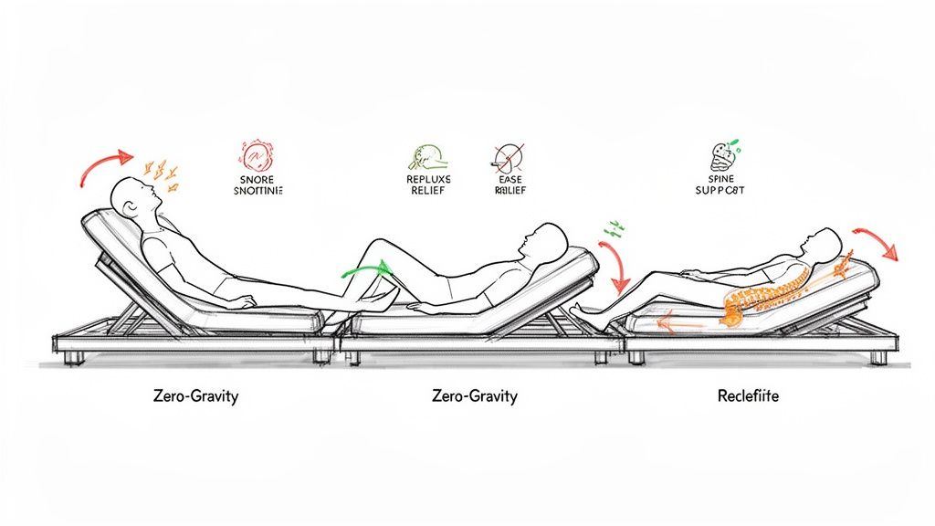 Diagram of an adjustable bed showing zero-gravity and reclined positions for snore, reflux, and spine relief.
